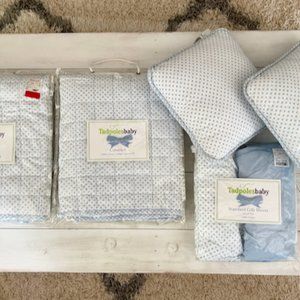 NWT Baby Bedding Coverlet, Crib Sheets and Throw Pillows Blue & White Polka Dots